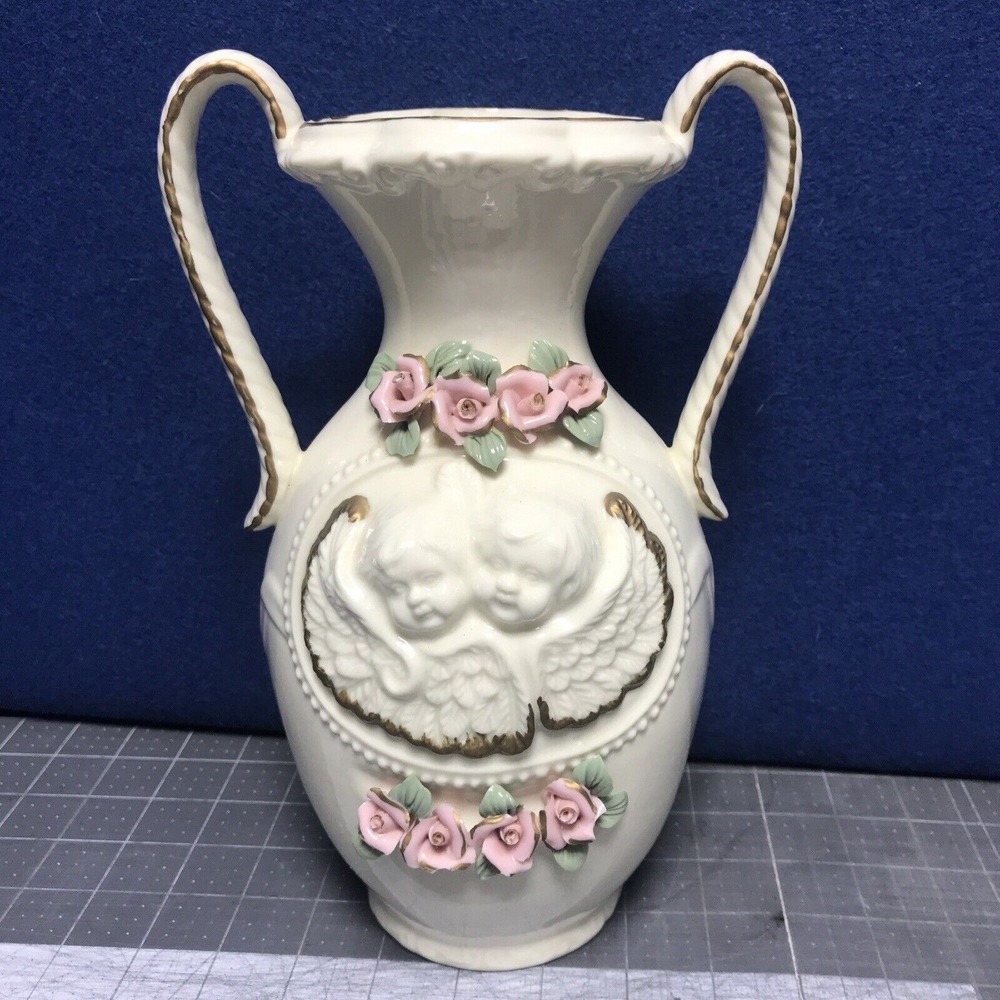 Vintage Ceramic Ivory Vase With Angels And Pink Roses Victorian Style